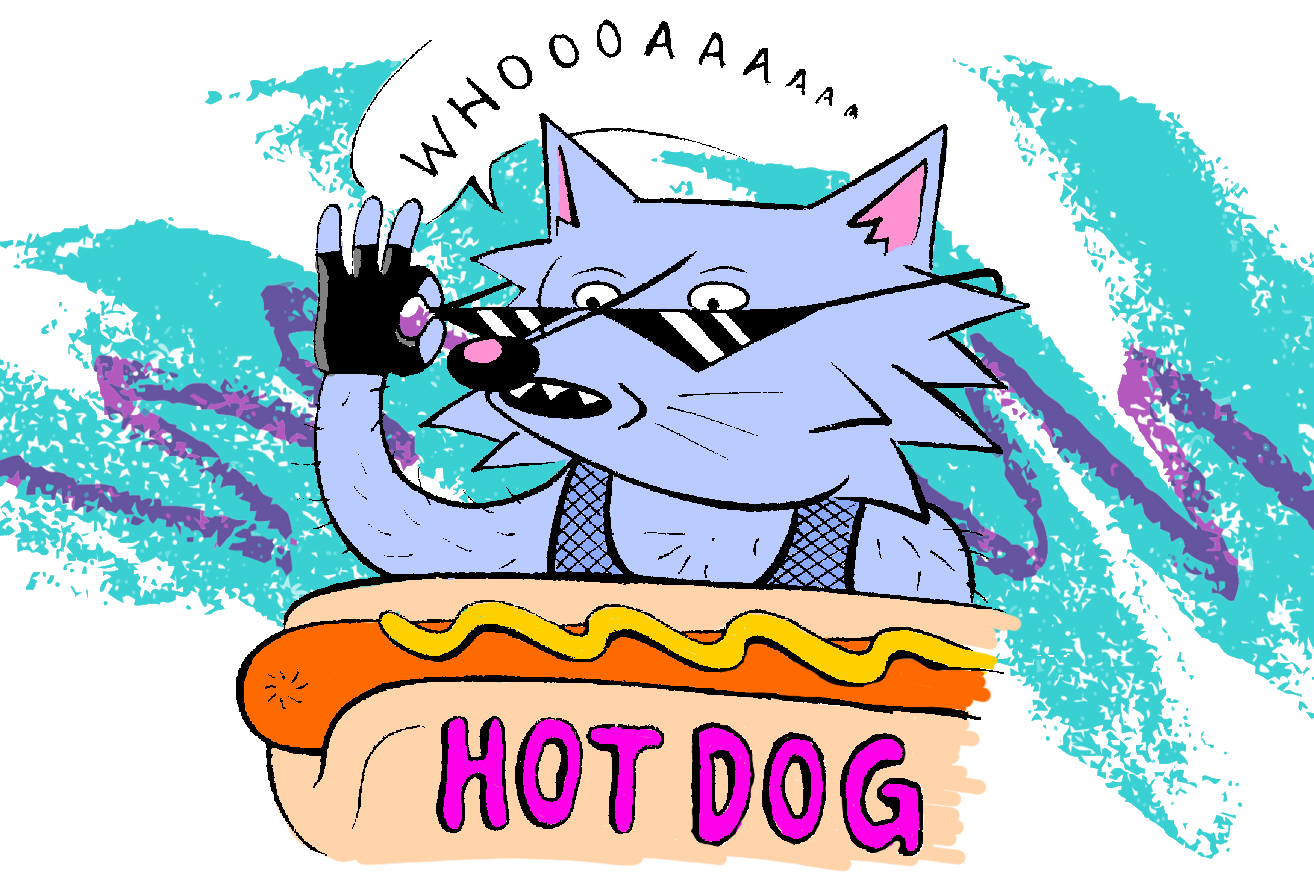 A cartoon coyote being enamored with a hot dog.