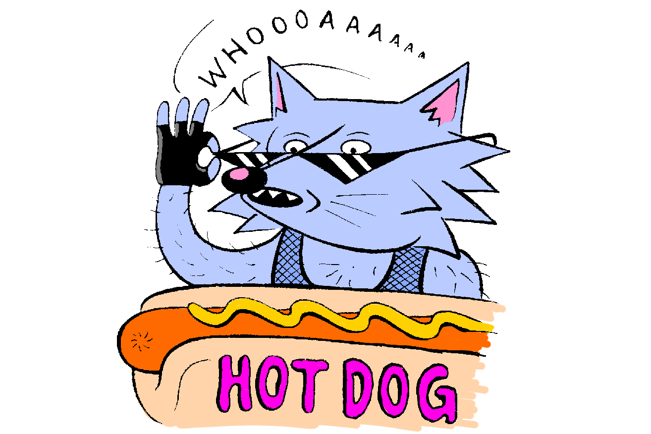 A cartoon coyote being enamored with a hot dog.